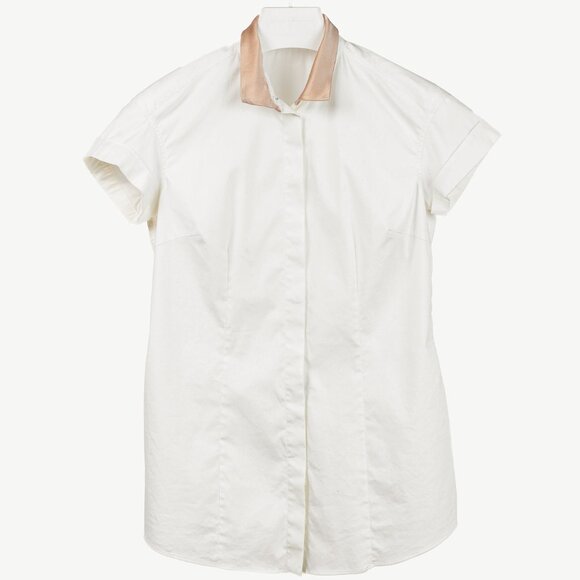 Brunello Cucinelli Ivory Cotton-Poplin Silk-Collar Short-Sleeve Shirt - Picture 1 of 10